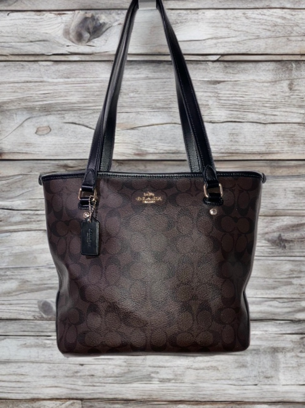 COACH Signature City Tote Bag Coated Canvas Medium Black Brown M1722-F8294